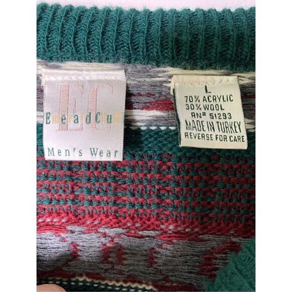 Vintage 90s Emerald club Fair Isle sweater pullover crew neck green size large - Picture 4 of 6